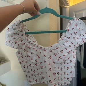 Red and White Puff Sleeve Ruched Cherry Crop Blouse